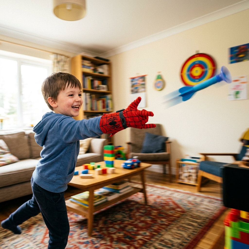 Kid Wearing Spider Web Shooter Toy firing soft suction dart indoors