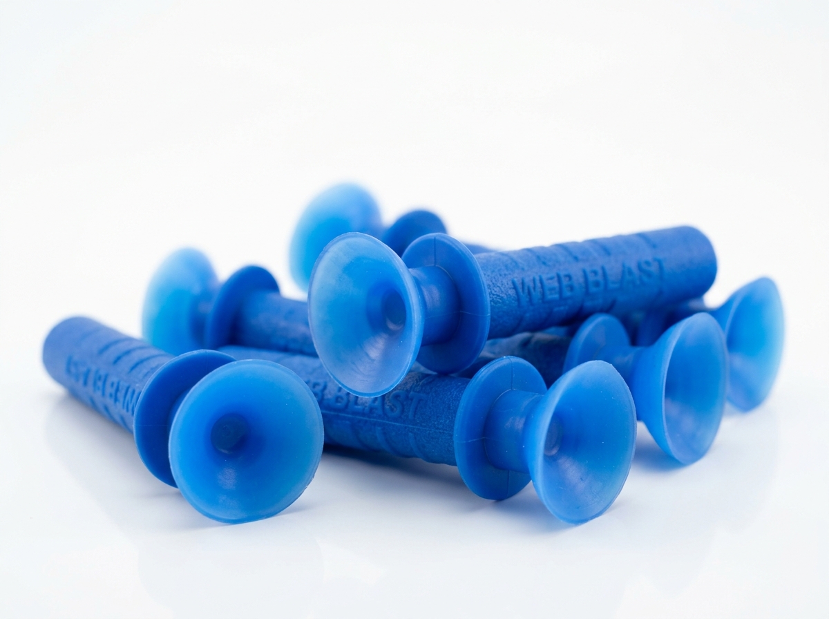 Blue Soft Rubber Suction Cup Web Darts stuck to glass window