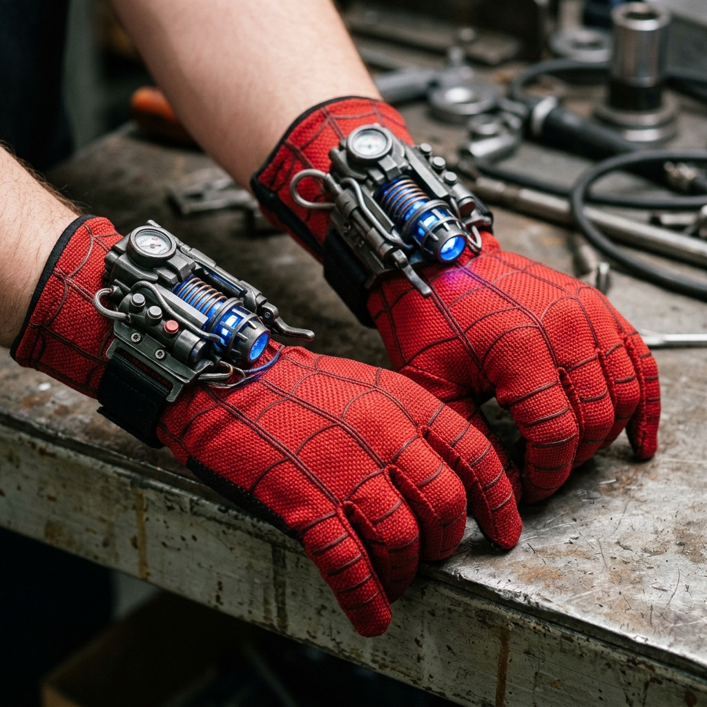 Close-Up view of Pair of Red Superhero Fabric Gloves with Launchers attached