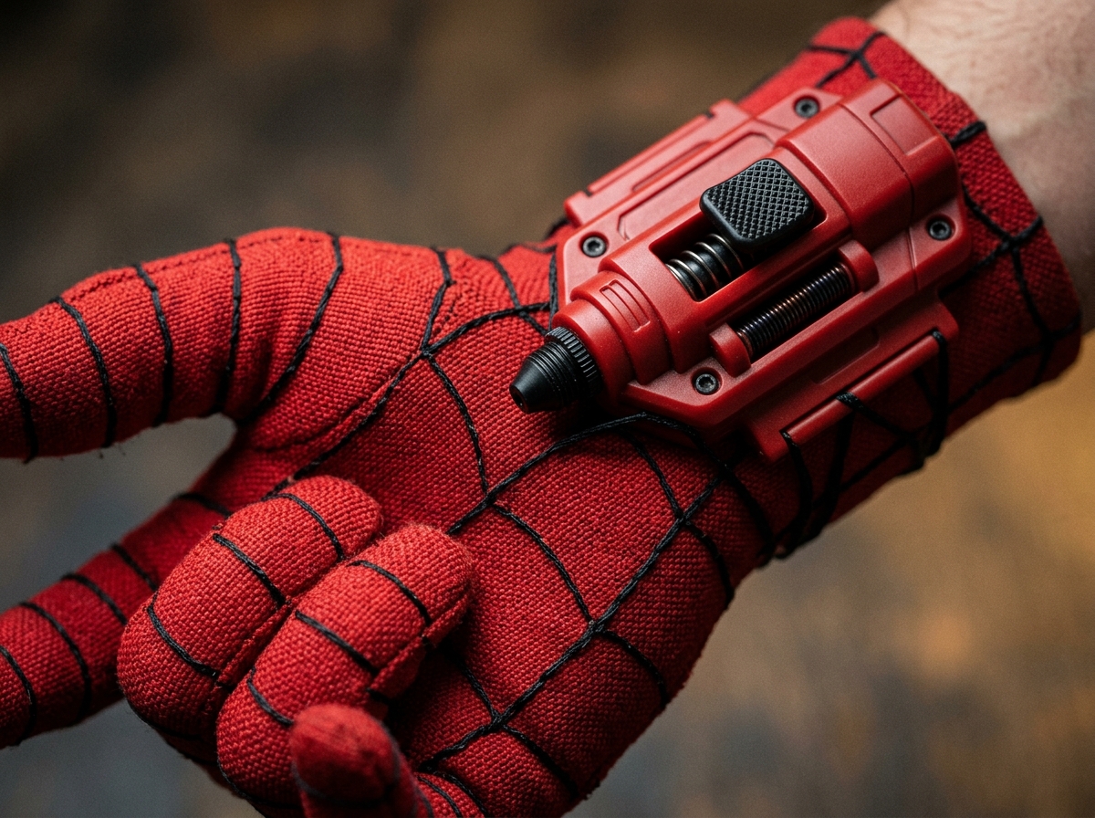 Close-Up Macro view of Red Superhero Fabric Glove and Spring Trigger Unit